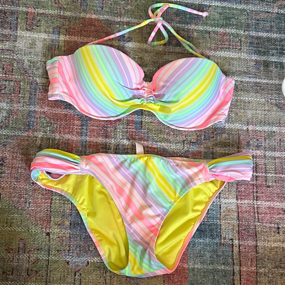 Victoria's Secret Pastel Striped Bikini 36B top and Medium bottoms